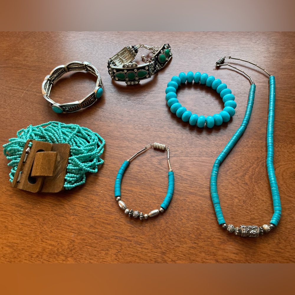 Turquoise and Silver Jewelry Bundle - Five Bracelets One Matching Necklace